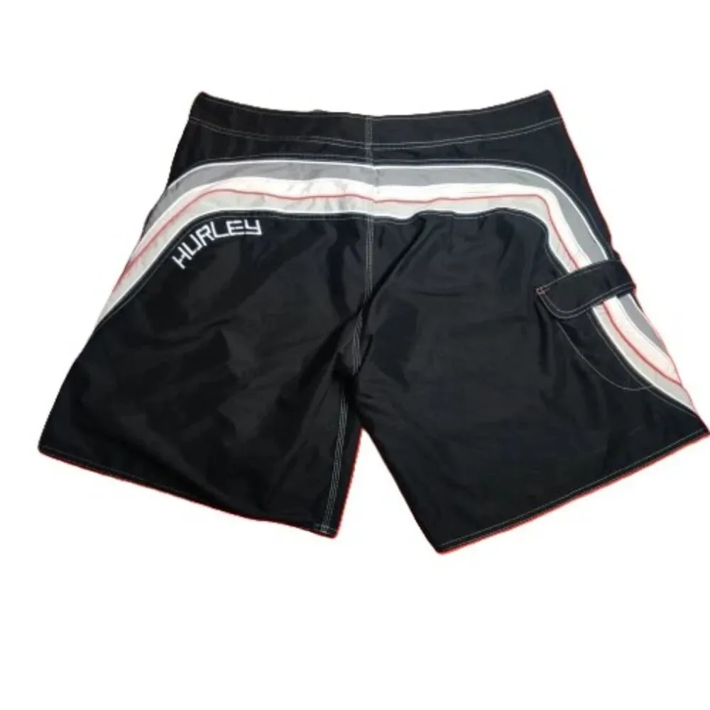 Hurley Mens Board Shorts Black Gray Red Stripe Swim Trunks Size 40 Surf Swimwear
